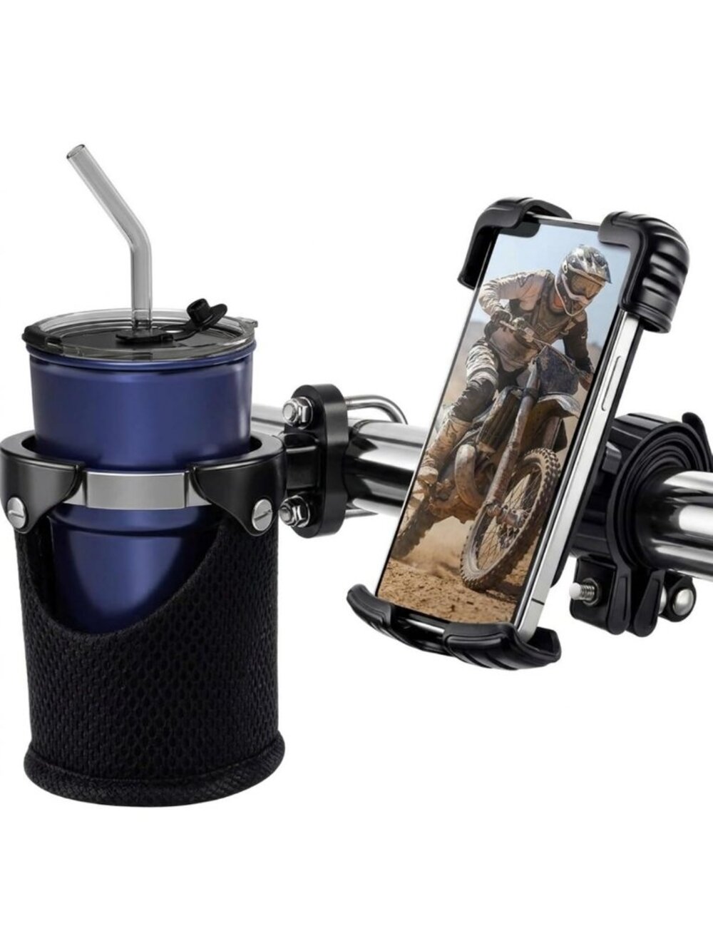 2-in-1 Adjustable Motorcycle Cup Holder Set for ATV, UTV, Scooter - Universal